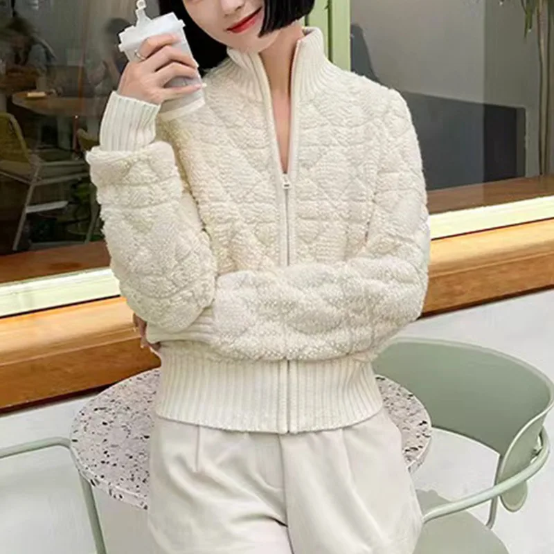 [EWQ] Half High Collar Long Sleeve Knit Cardigan Simple Women Winter Short Zipper Apricot Sweater Coat Winter 2024 Autumn 6O2347