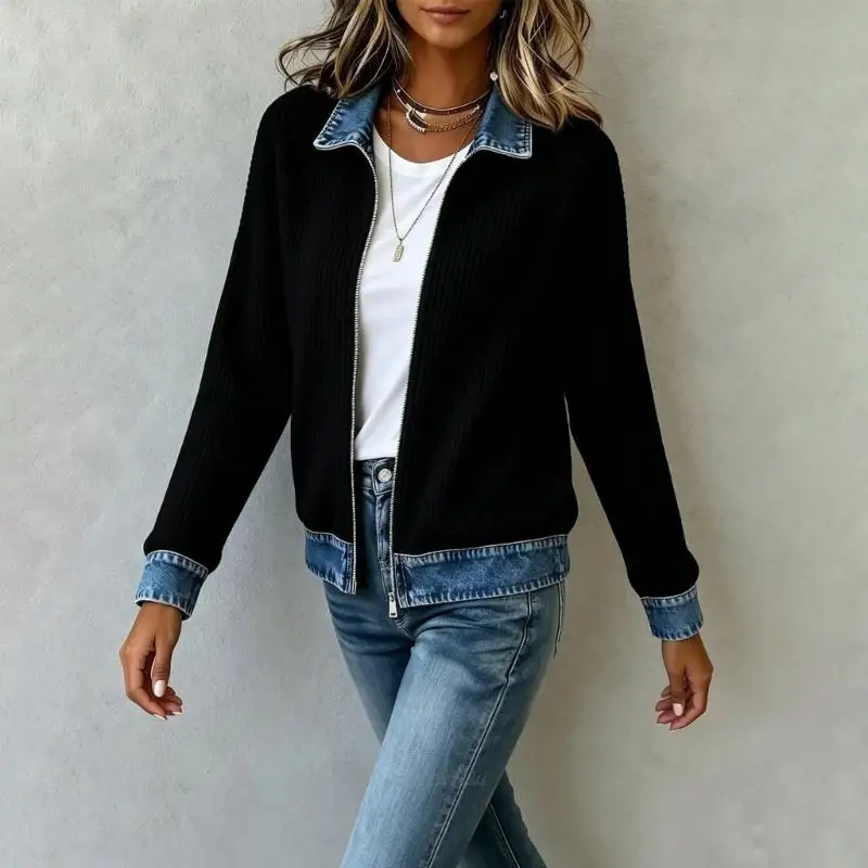 X5XA Corduroy Jackets Women Collar Patchwork Zip Up Jackets Women's Patchwork Jackets Lightweight Casual Trendy Going Out Full
