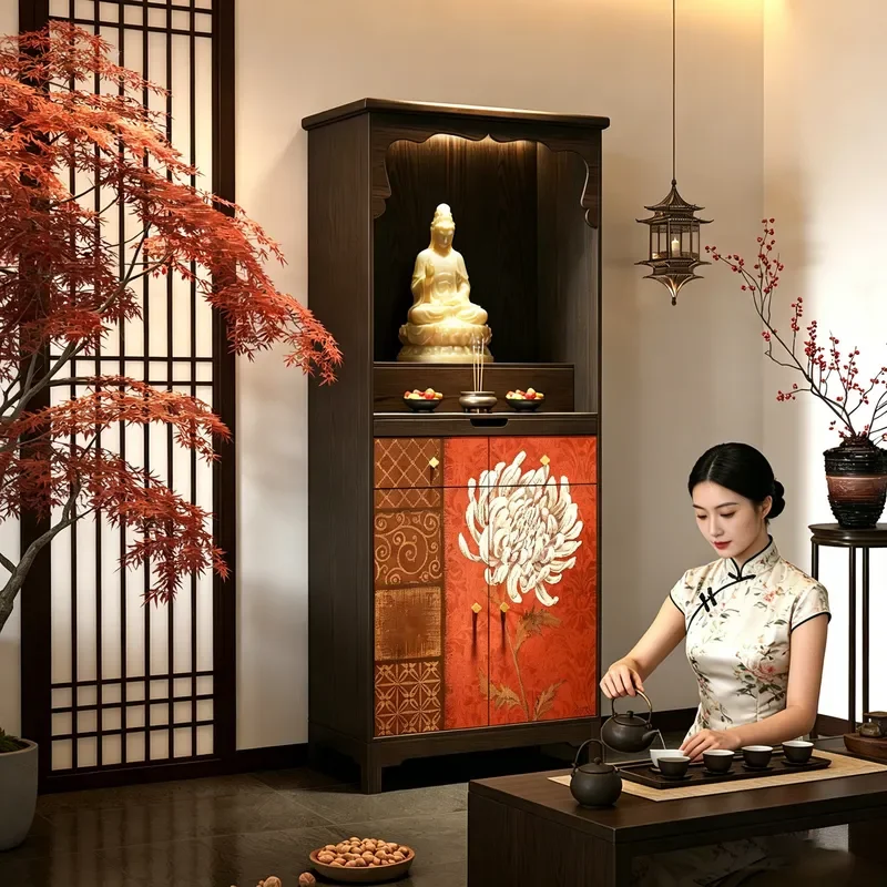 Song Style Aesthetic Zen Solid Wood Red Background Flower Pattern Buddhist Niche Cabinet Household Worship Altar Standing