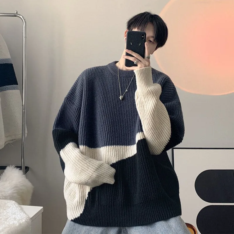 

Пуловеры с круглым воротником, мужская корейская одежда, трикотаж, эстетический винтажный популярный топ Y2k, без капюшона, мужской вязаный свитер