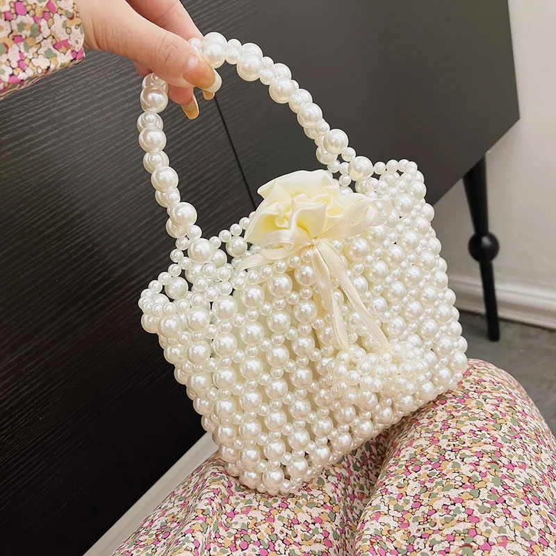 Women Pearl Crossbody Bag Handmade Sweet Pouch Fashion Drawstring Handbag Evening Totes Clutch Ladies Wedding Party Purse