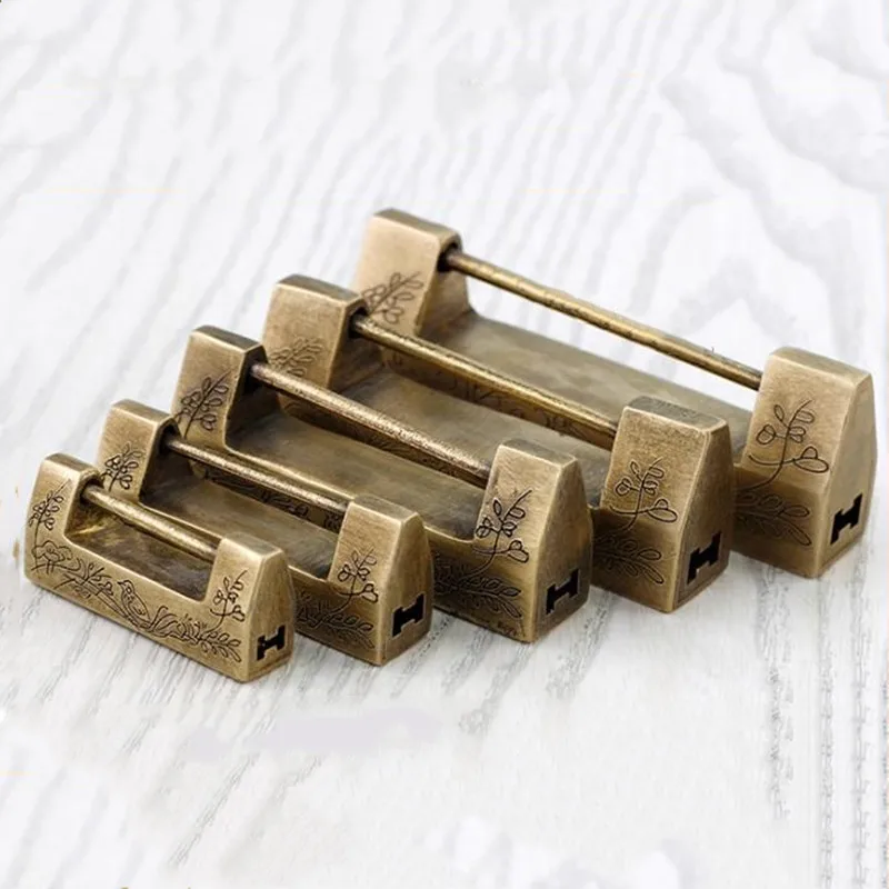 Antique Carved Flower Pattern Padlock Chinese Brass Pin Lock Jewelry Box Cabinet Door Lock Furniture Hardware Drawer Lock