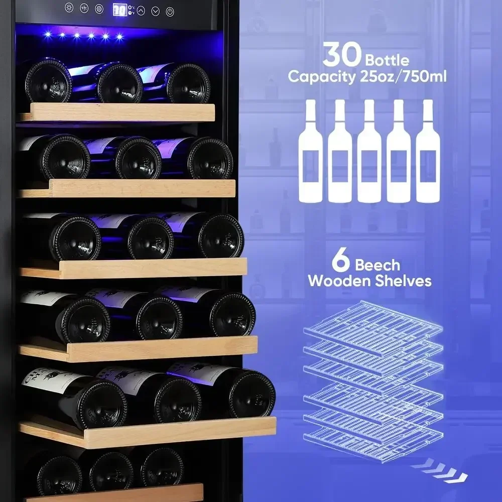 15 Inch Wine Cooler Under Counter, 30 Bottle Wine ridge with StainlSteel Glass Door, Built-In or reestanding Wine Cellar with Re