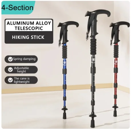 4-Section Portable Outdoor Fold Trekking Pole Walking Hiking Stick Alloy Telescopic Club For Elderly Camping Walking Poles 1PC