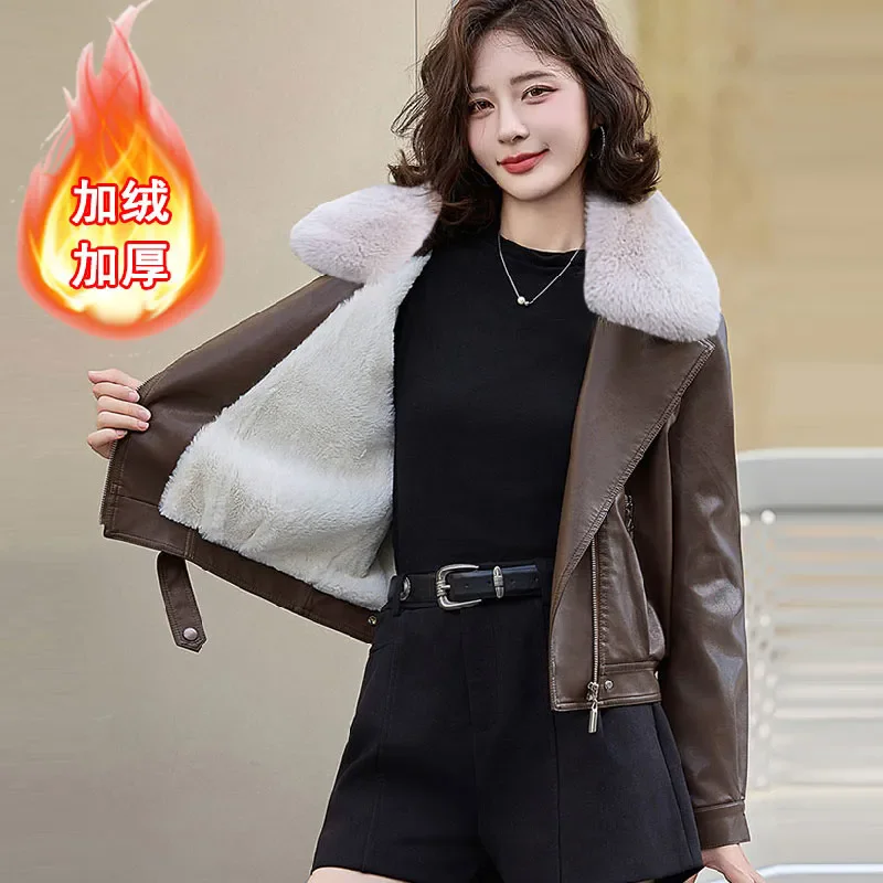 Chaqueta cálida de cordero para mujer, abrigos cortos gruesos para motocicleta, chaquetas de piel sintética con cremallera, prendas de vestir geniales, abrigo para mujer