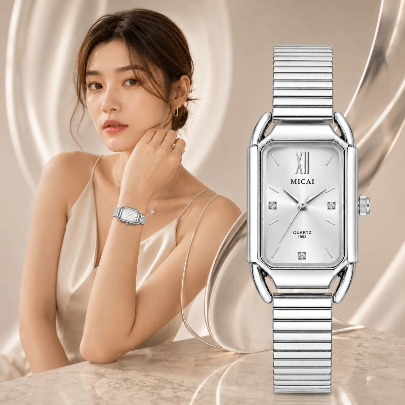 Women's Fashion Silver Rectangle Quartz Wristwatch Metal Band Crystal Dial Elegant Dress Ladies Watch Jewelry Gift for Her Reloj