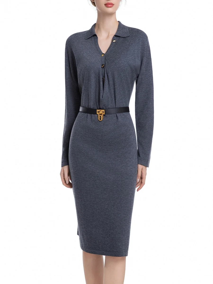 

2025 Winter Women's Elegant Knitted Dress with Metal Buckle Belt and Corset Long Skirt y2k New High Quality Party Dress bra