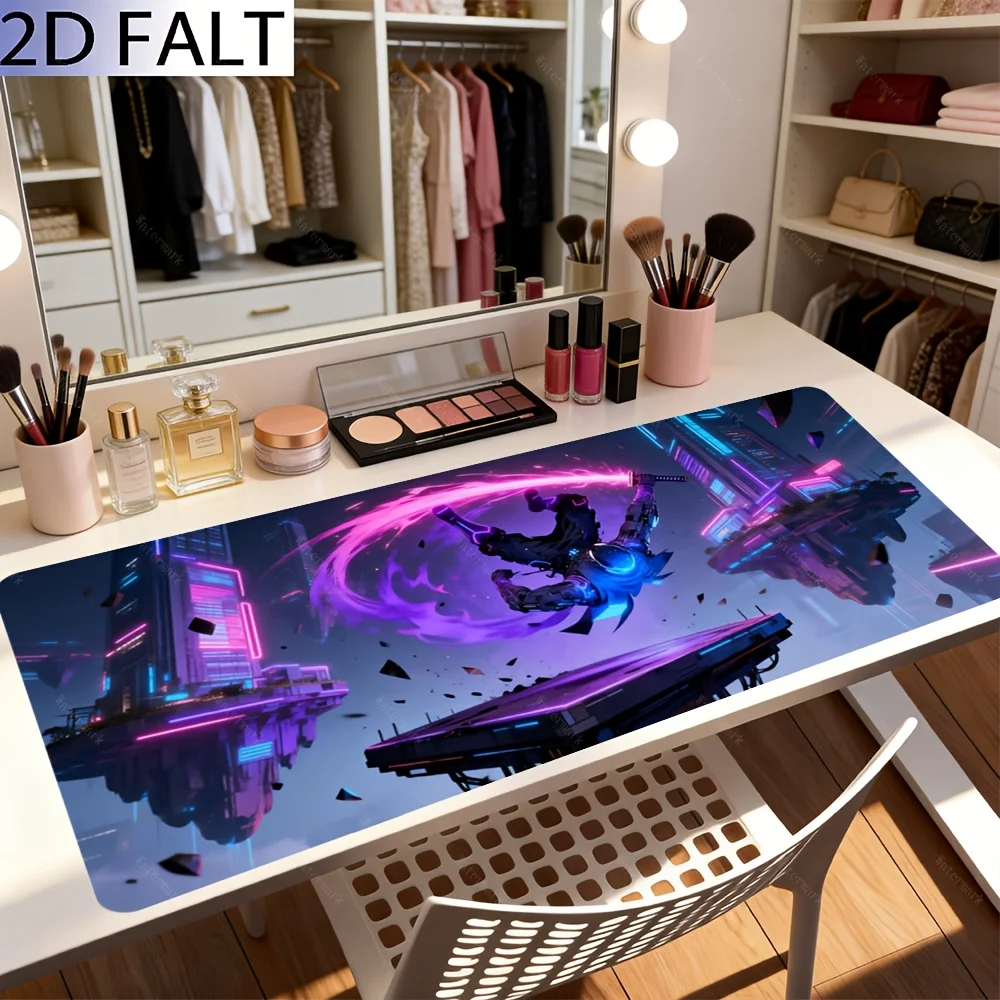 2D Flat, 1PC Oversized, Non-Slip, Table Mat, Mouse Pad, Neon Purple And Blue Light Effect Future Urban Background, Dynamic Samurai Sword Pattern, Suitable For PC, Desk And Family Use, Gifts For Men And Women Friends, Improve Desktop Comfort.