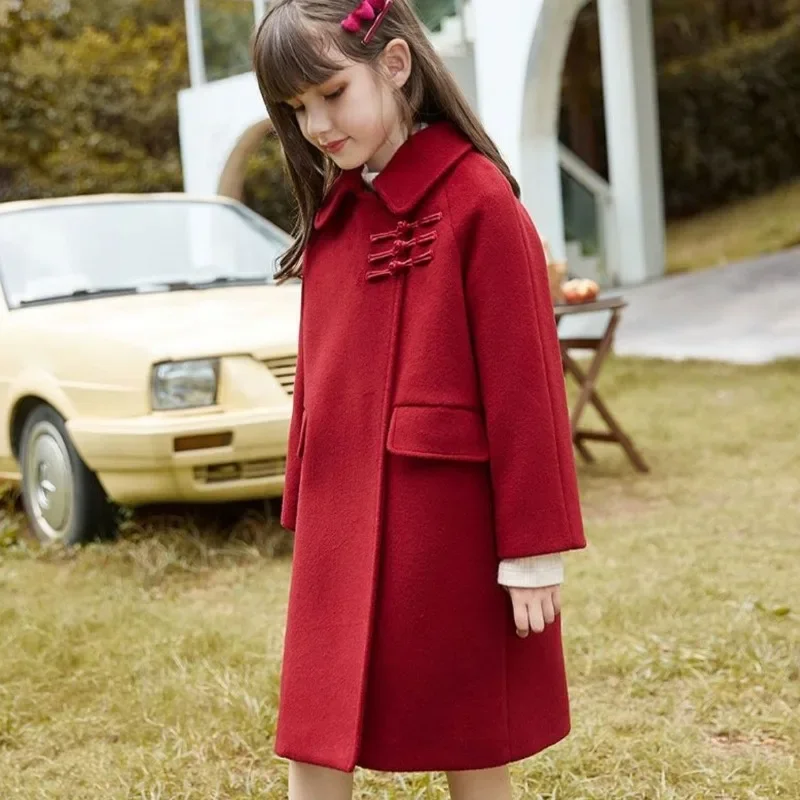 Girls' Wool Coat Modern Chinese Style Red Thermal Insulated Fleece Lined Plus Size Kids New Year Gift 2025 Winter Collection