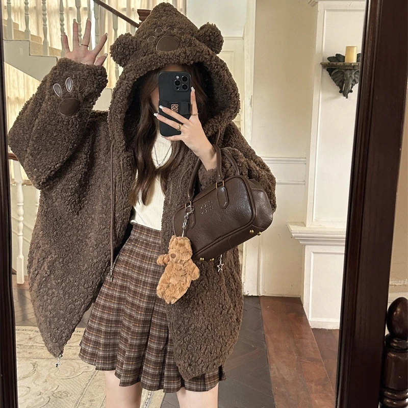 Brown Fleece Flannel Harajuku Loose Casual Warm Hoodies Ladies Coats Autumn Winter Sweet Hooded Women Pullover Female Sweatshirt