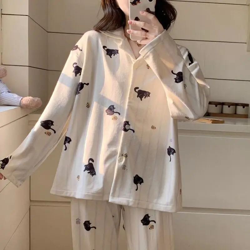 

winter Korean version black cat Women's pajamas cardigan suit keep warm fleece-lined thicken student coral fleece homewear