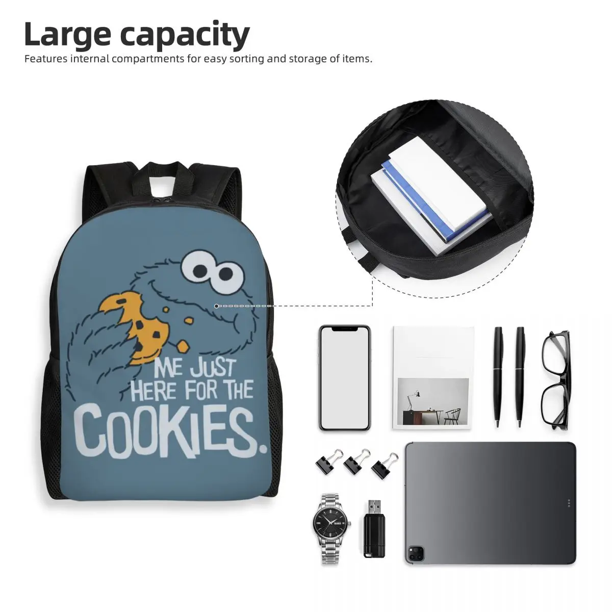 Zaini personalizzati con stampa 3D Cookie Monster Cartoon Sesame Street College School borse da viaggio Bookbag adatto a Laptop da 15 pollici