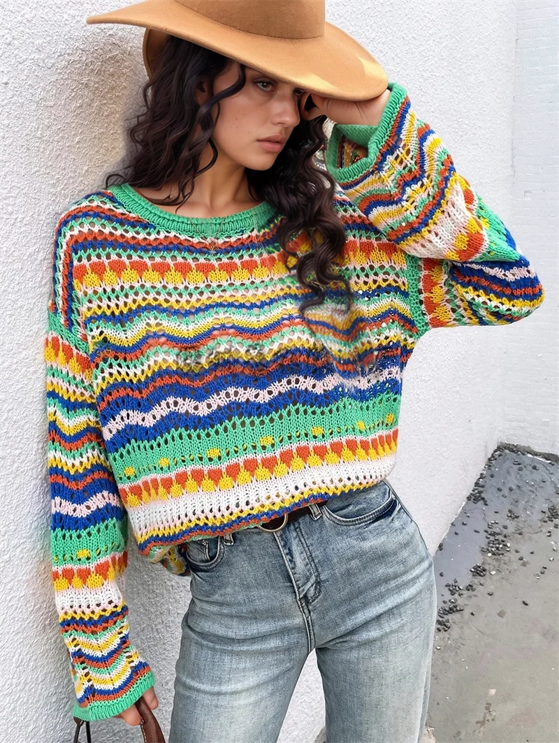 2025年新作 パッチワークニットセーター ルーズカラーブロック ラウンドネック ストライプセーター レディース
