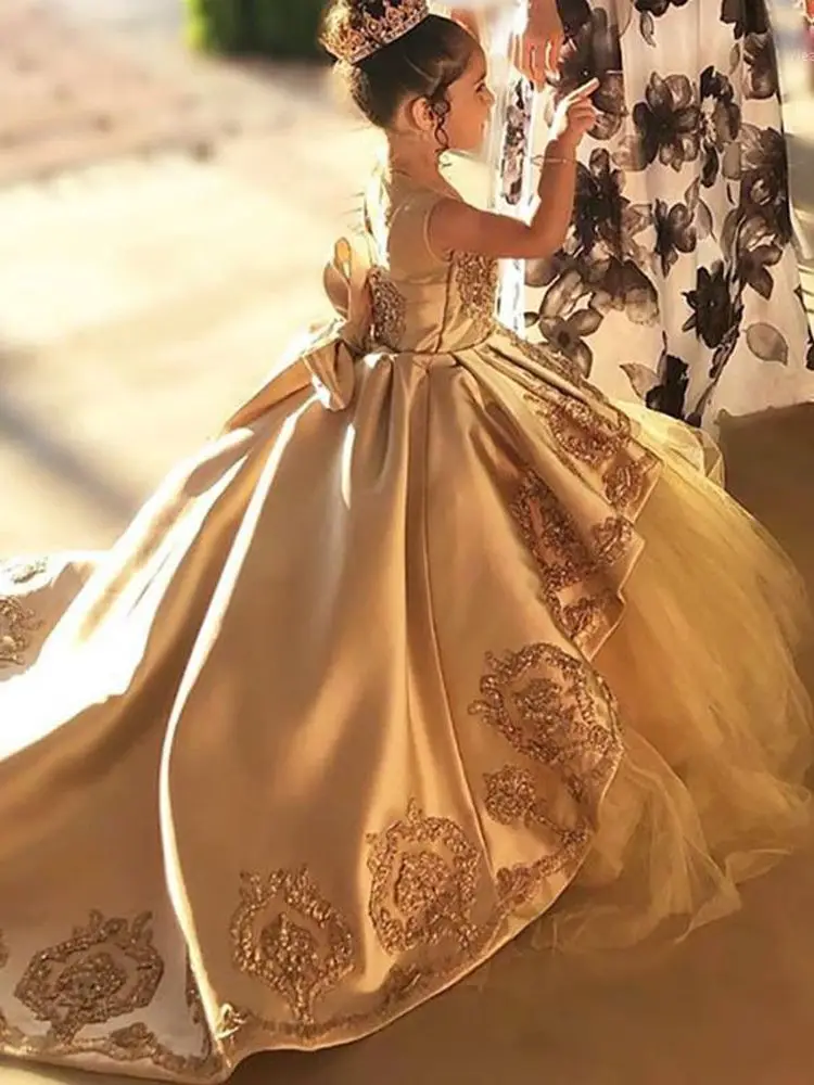 Высококачественные платья для первого причастия, детское вечернее бальное платье с золотой аппликацией и бантом для девочек, нарядное платье, атласное Тюлевое платье с цветами для девочек