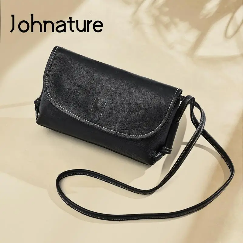 Johnature Vintage Solid Color Women Small Bag 2024 New Genuine Leather Versatile Simple Real Cowhide Shoulder & Crossbody Bags