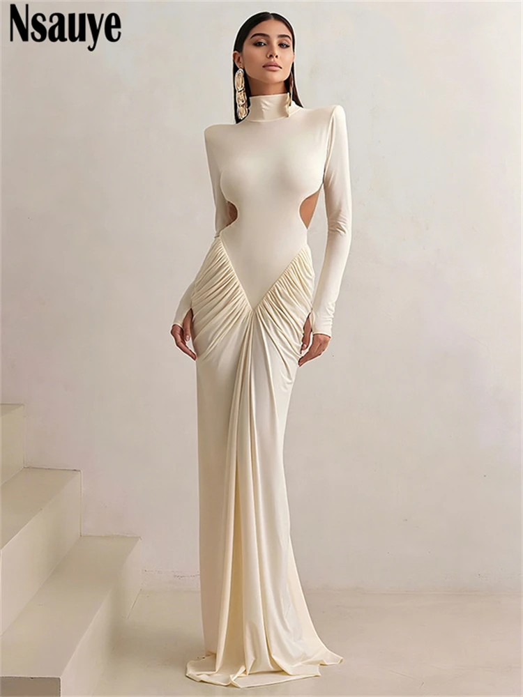 Nsauye ファッションエレガントな長袖プルオーバーセクシーな長袖クラブイブニングパーティーマキシドレス女性タートルネック 2025 カットアウトドレス