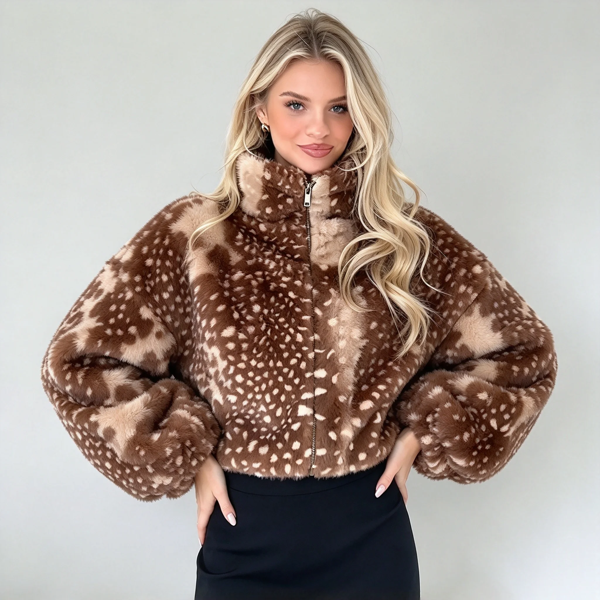 LIMO Women Deer Print Cropped Faux Fur Jacket Stand Collar Zipper Fluffy Winter Coat