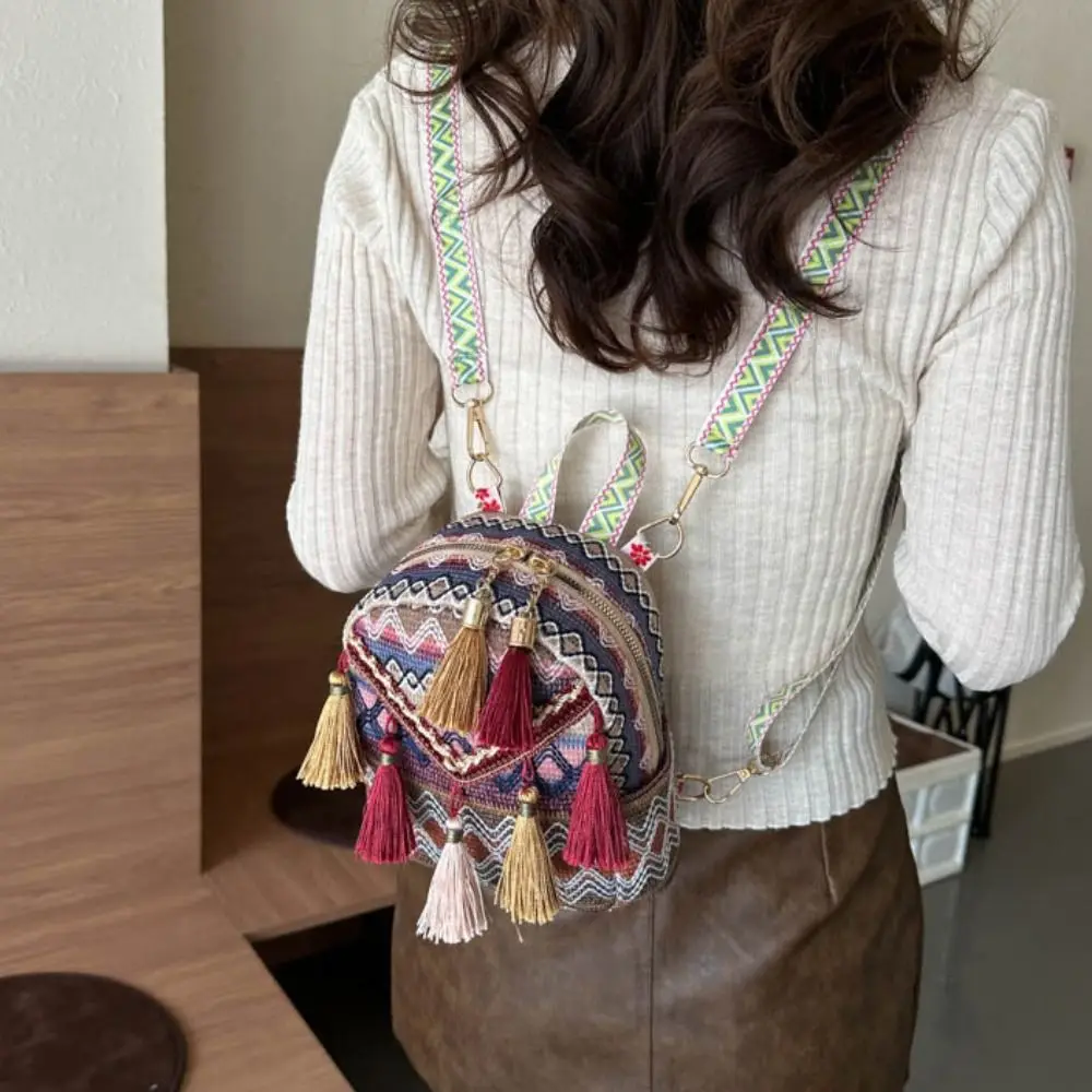 التطريز العرقية نمط شرابة على ظهره حقيبة مدرسية صغيرة شريط قماش شرابة حقيبة كتف حقيبة التخزين سعة كبيرة