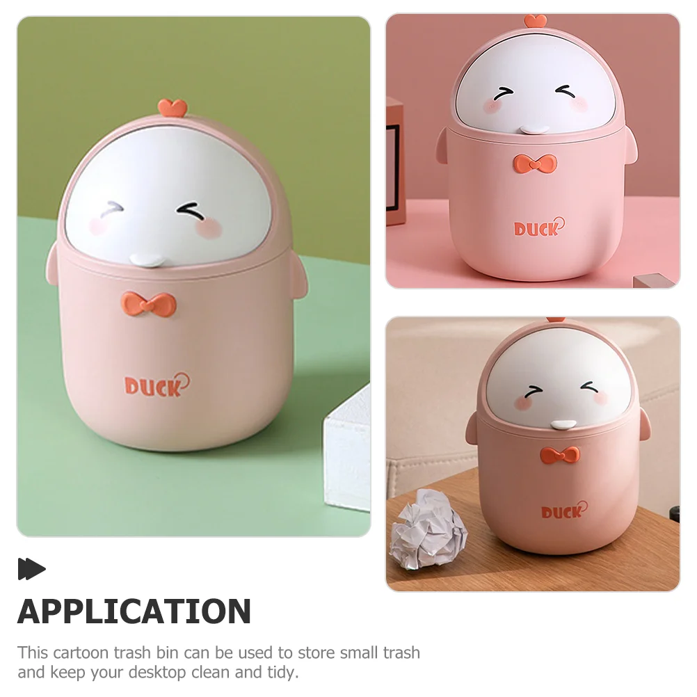 Cute Cartoon Internet Celebrity Duckling Office Desktop Trash Can Mini Paper Basket Pink Garbage Cans with Cover Plastic Lid Pp