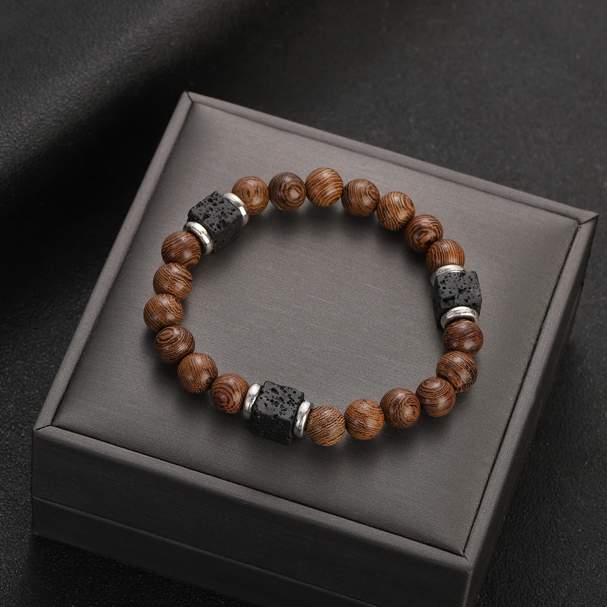 New Ethnic Wood Beaded Bracelet Men Jewelry Handmade Charm Bracelet Square Volcanic Stone Tibetan Buddha Meditation