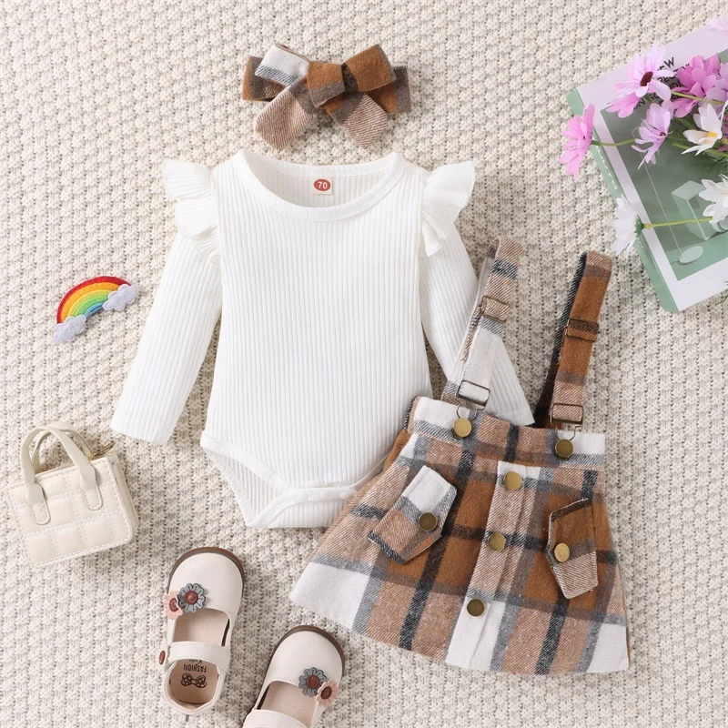 BeQeuewll Baby Girls Fall Outfits Long Sleeve Romper And Plaid Suspender Skirt And Headband Set Newborn Clothes 3 Piece Set