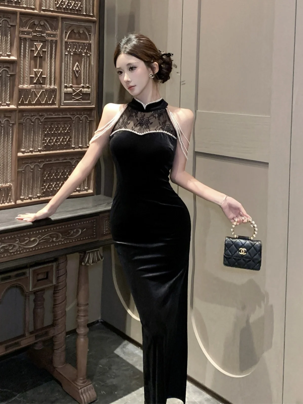 

Ele Bla Velvet Qipao Dr Sexy Open Slit Bead Choker Neline Bodycon Silhouette Mid-Length Skirt Long Sve Women's ...