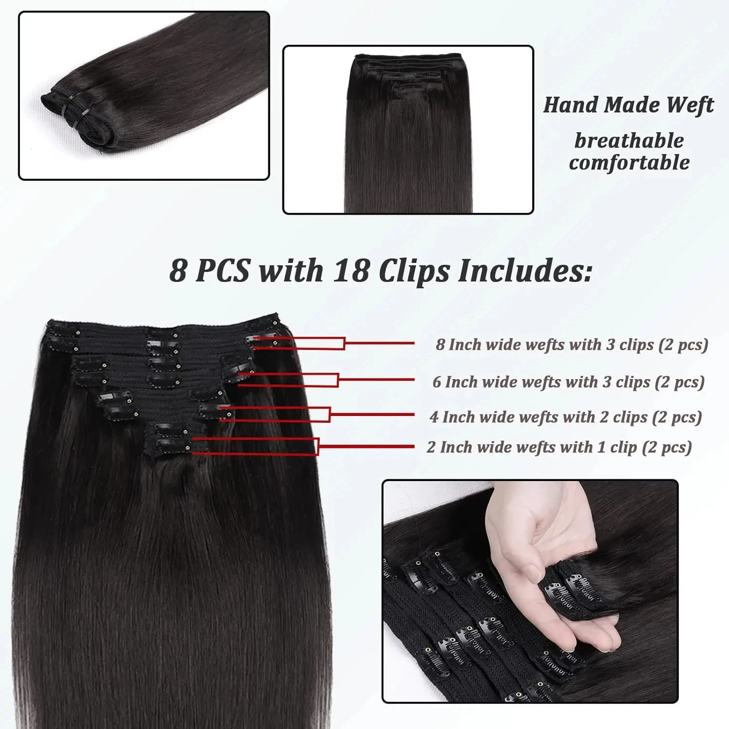 Grampo reto brasileiro em extensões do cabelo, cabelo humano do Virgin, grampos de cabelo Remy do preto do jato, trama dobro, cor natural, 120g pelo grupo