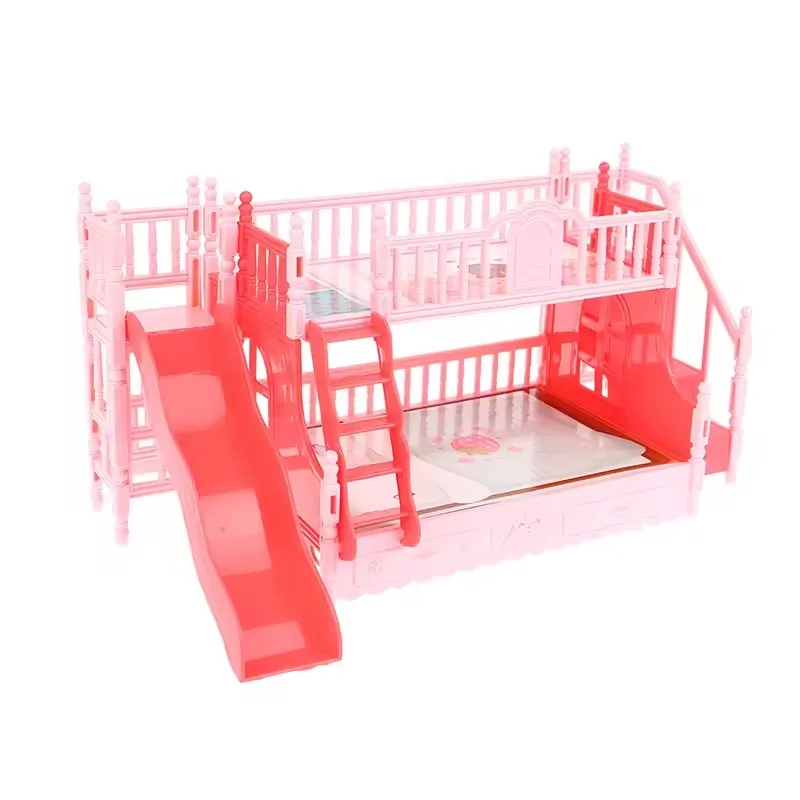 1:12 Dollhouse Pink Mini Bunk Bed Miniature Bunk Bed with Slide DIY Dollhouse Access Mini Bedroom Furniture Birthday Gift Girls