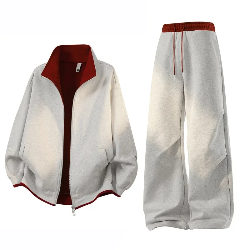 Men Women Stand Collar Jacket Straight Pants Two-Piece Set Lapel Jacket Loose Warm Jacket Straight Pant Sweatshirt Two-Piece Set
