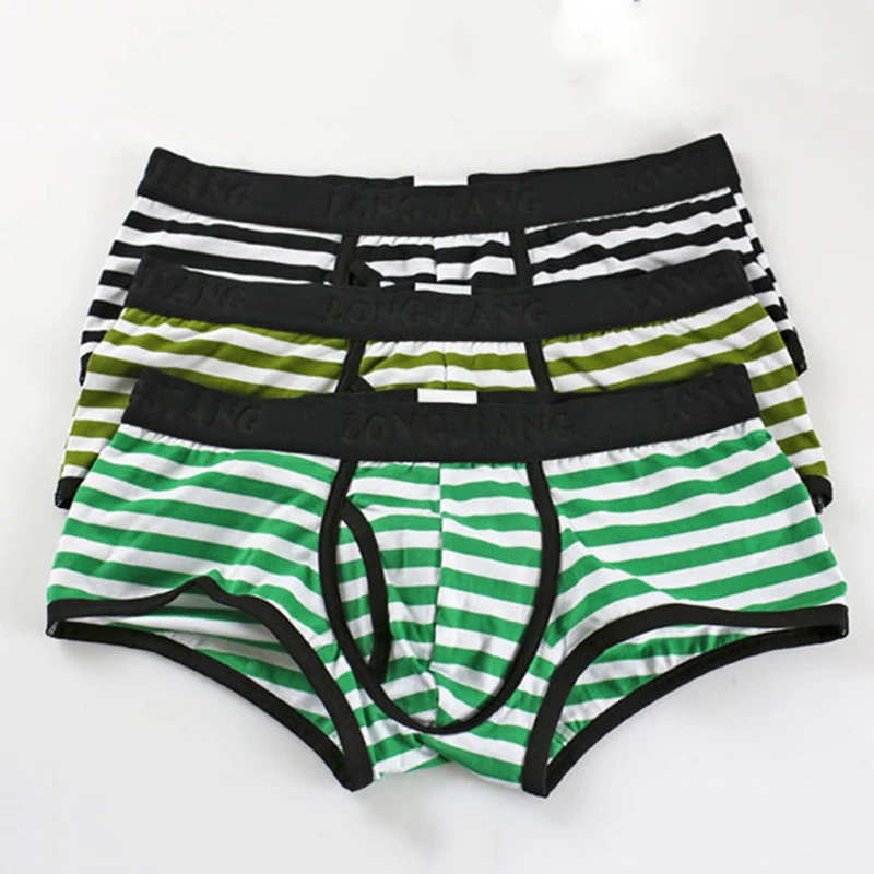 Mens Cotton Striped Breathable Underpants Soft Penis U-Pouch Boxers Shorts Briefs Home Men‘s Sports Panties