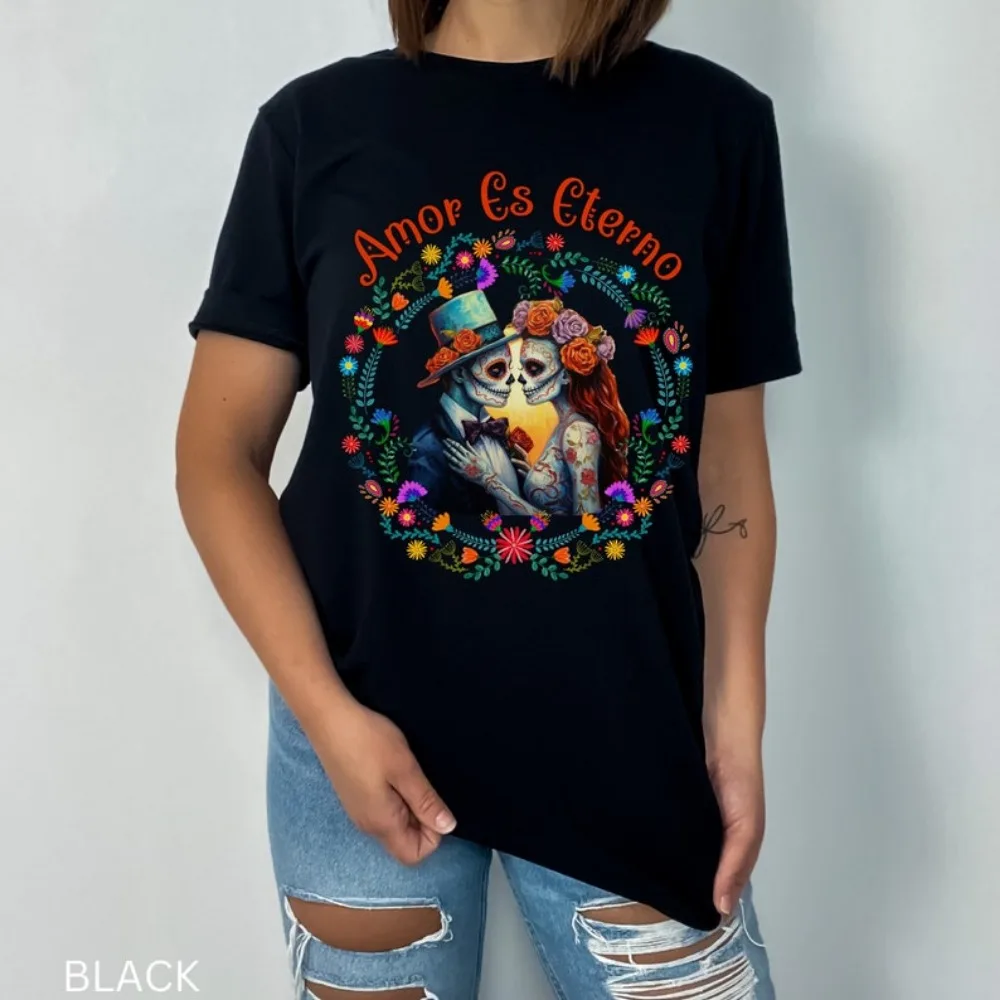 Amor Es Eterno T-Shirt, Love Is Eternal Tee Dia De Los Muertos Sugar Skulls Love Forever Mexican Shirts for Women Graphic Tops