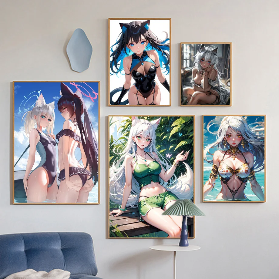 Cartoon Anime Wear Sexy Swimsuit Pajamas Woman Girl Seaside Poster Canvas Painting Prints Art Pictures Home Room Wall Decor Gift