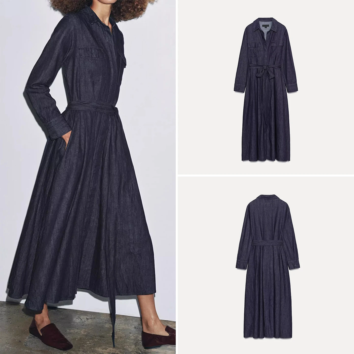 

Модное женское джинсовое платье с поясом, осень 2025, повседневное, с длинным рукавом, воротником и одной пуговицей