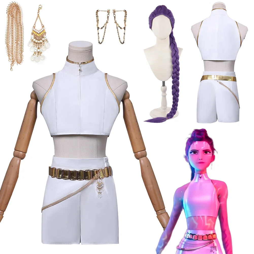 

2025 Cartoon Demon Hunter of KPop Cosplay Rumi White Top Shorts Clothing Wig Hallowmas Carnival Roleplay Suit Outfits For Women