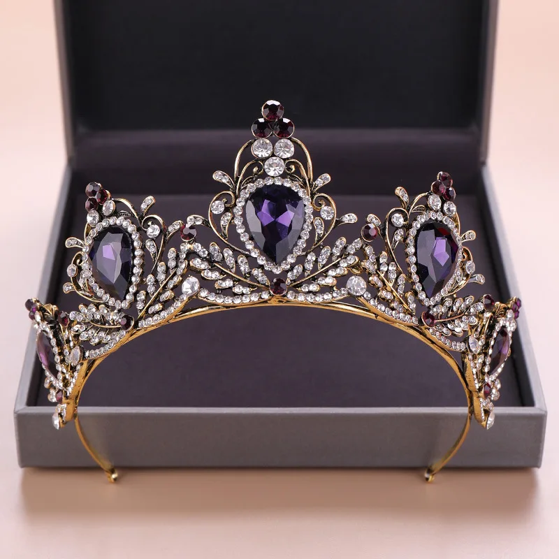 Elegant Crown Headpiece Baroque Vintage Tiara Wedding Bridal Party Purple Black Alloy Crystal Hair Jewelry Accessory Gift view 2