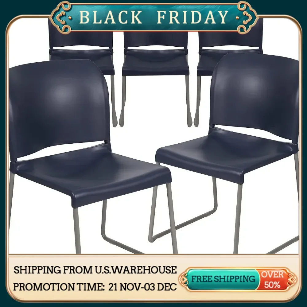 Hercules Series Contoured Stacking Chairs for Waiting Rooms and Offices, Ergonomic Lobby Chairs with Curved Back, Set of 5, Navy