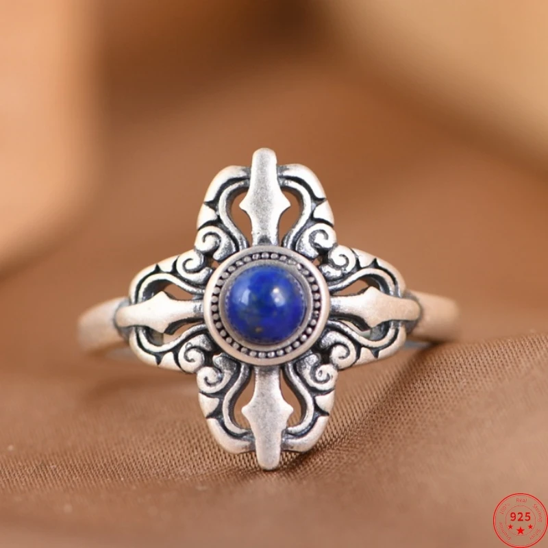 

Новые модные регулируемые кольца из стерлингового серебра S925 для женщин с полым узором «Вечная лоза» и лазуритом, оптом