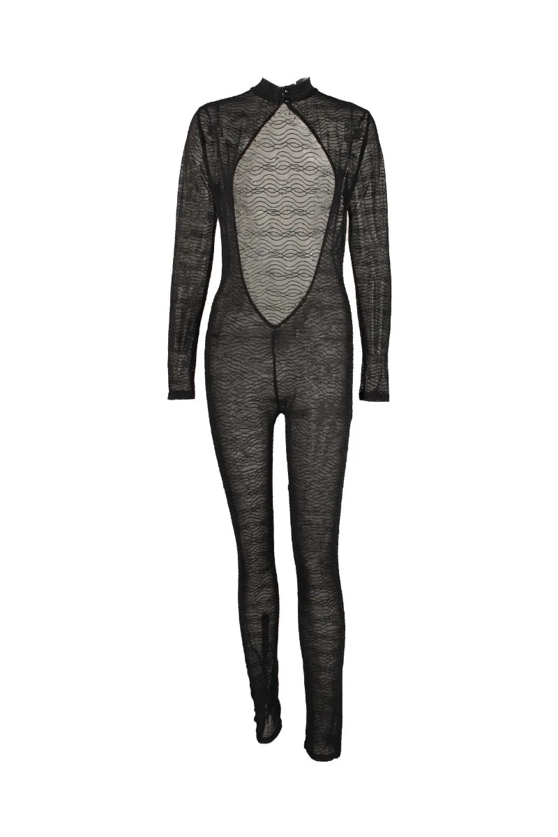 Rückenfreier, durchsichtiger, gestreifter Mesh-Overall, Stehkragen, lange Ärmel, pfirsichfarbene Hüften, schlanke Nachtclub-Strampler, Damen, sexy, dünne Overalls