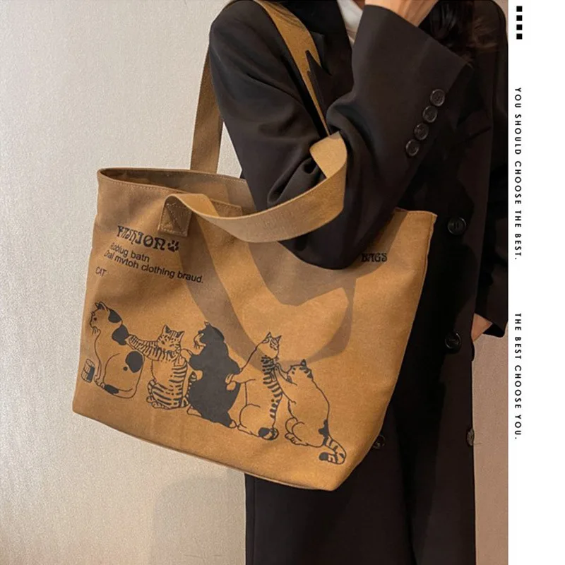 Women Canvas Tote Bag Print Cat Animal Shopper Shoulder Bag Casual Designer Large Capacity Travel GroceryHand Schoolbag Dropship