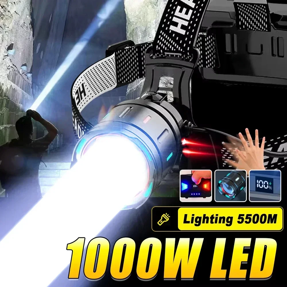 100000LM Powerful Headlamp 1000W Led Sensor Head Flashlight High Power Headlight 18650 Rechargeable Head Lantern Fishing Camping