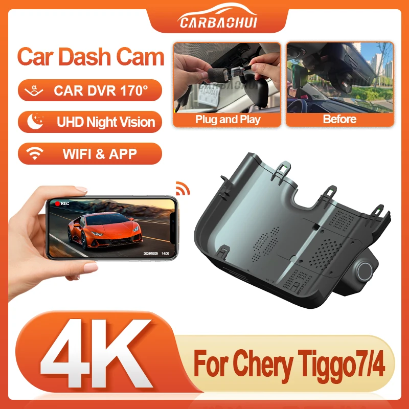 For Chery Tiggo 7 2024 2025 2026 Tiggo 4 2025 2026 Plug and Play UHD 4K 2160P Car DVR Dash Cam Night Vision, WIFI, Loop Recordin