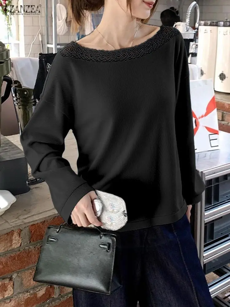 ZANZEA Women Knitted Sweaters 2025 Autumn Lace Patchwork Knitwear O-Neck Casual Long Sleeve Loose Elegant Pullovers OL Jumpers