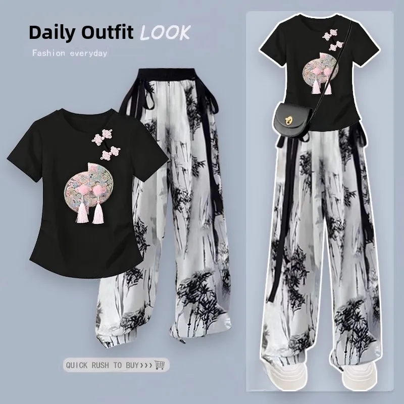 

New Chinese Sle ort Sve T-irt Women Summer Faion Design Casual Pants round Ne ort Length Other Material 00%