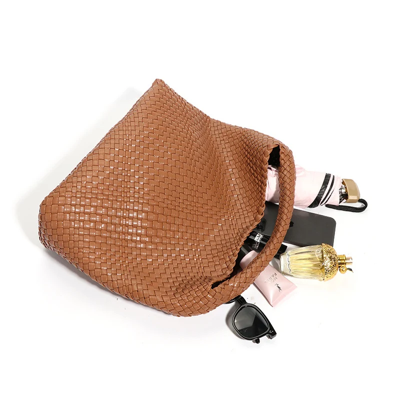 2024 Women Bag Luxury PU Leather Handbag Lady Fashion Handmade Knitting Tote Female Hand-woven Basket Shoulder Bag with Purse