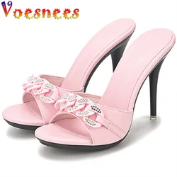 2022 New Diamond Chain Women Pumps Slippers Thin High Heels Party Shoes Fashion Solid Color Summer Dress Sandals Shallow Mouth