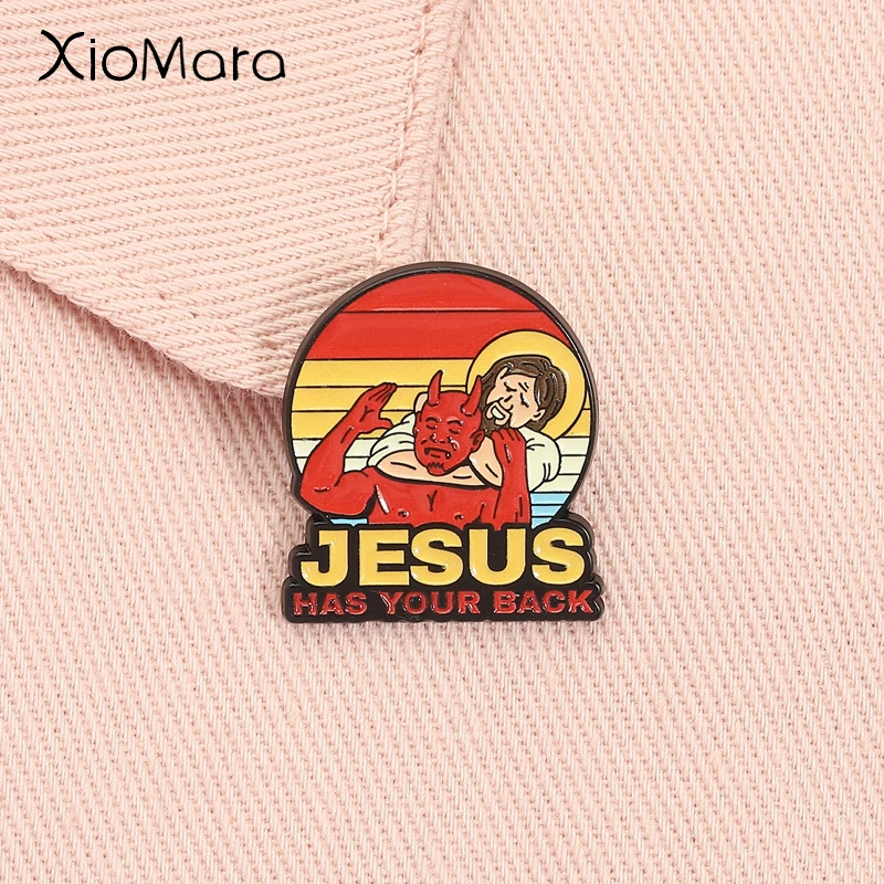 

Jesus Has Your Back Enamel Pin Faith Jesus with Devil Christian Jiujitsu Funny Humor Brooch Lapel Badge Jewelry Gift for Friends