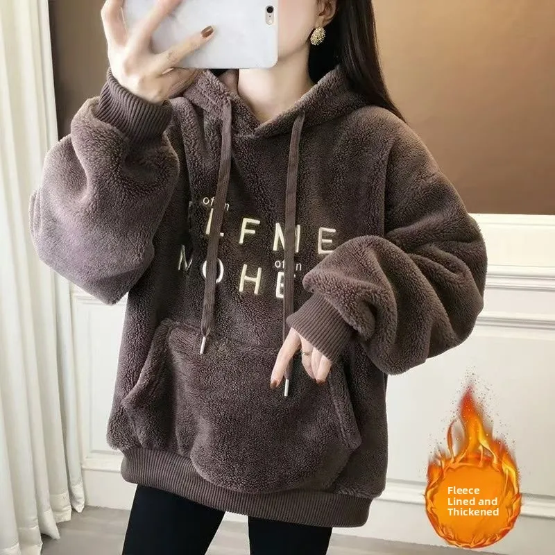 

Winter Thickened Fleece Hooded Sweatshirt Embroidered Letter Lamb Velvet Casual Girls Trendy Brand Loose Fit Long Sleeve Top