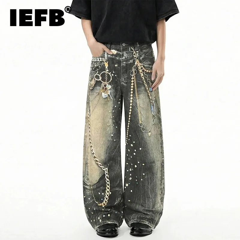 IEFB Avant-Garde Men's Jeans Metal Chain Rhinestone Printting Embellished Washed Black Wide Leg Fit Streetwear Pants 9X2882
