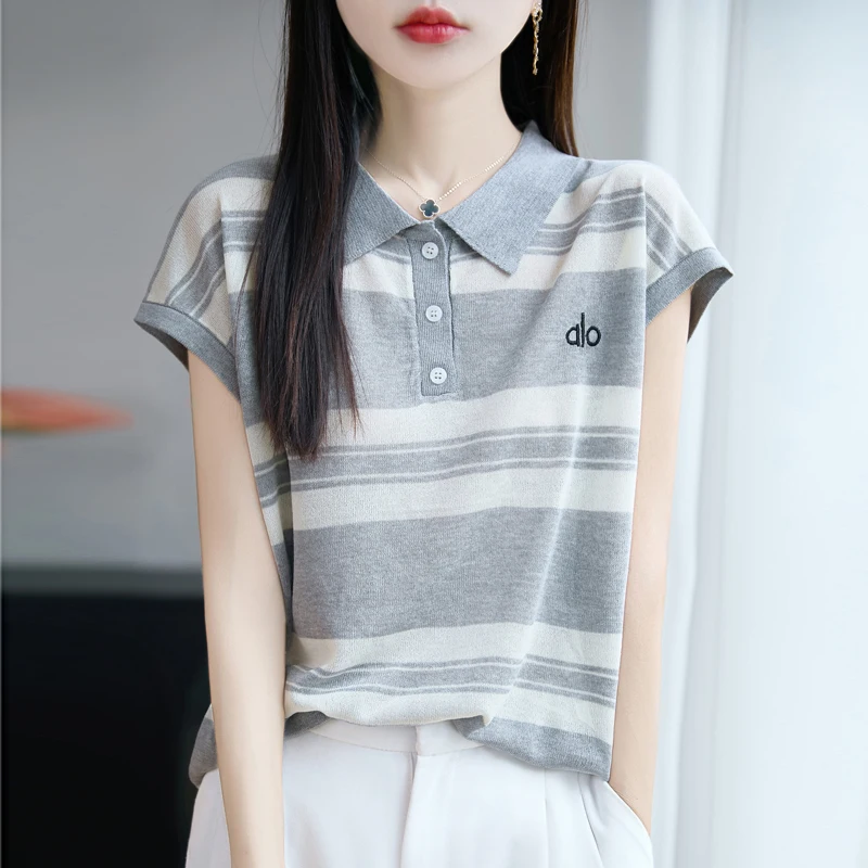 2025 Summer New High end Hot selling Polo Embroidered Stripe Knitted Short Sleeve Loose T-shirt Hoodie Top Casual Korean Edition