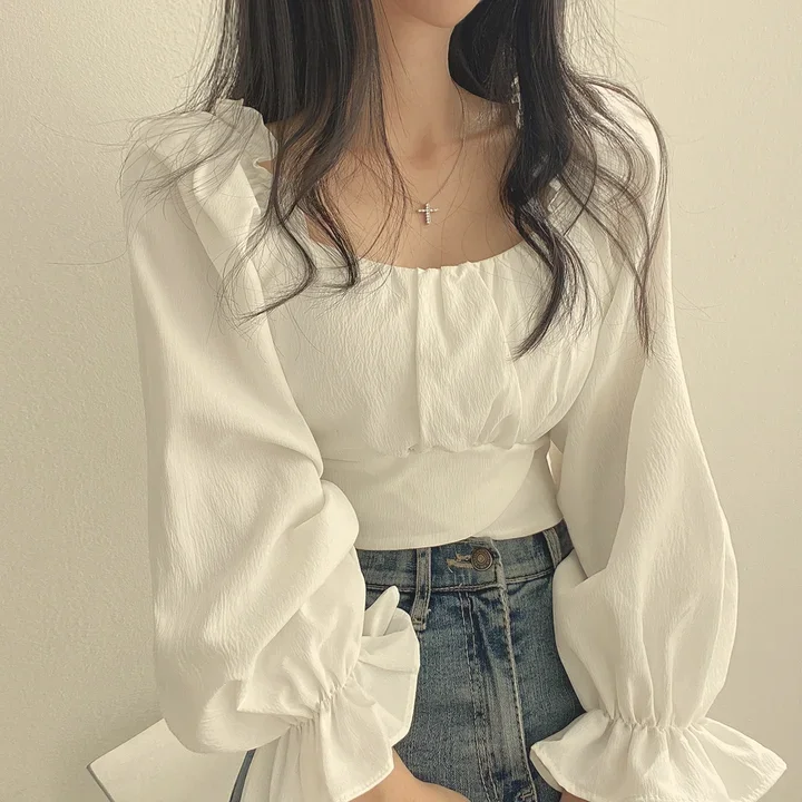 Y2k Womens Waist Tops 2024 Blusas Mujer De Moda Square Collar Bandage Slim Blouses Korean Elegant White Puff Sleeve Shirt